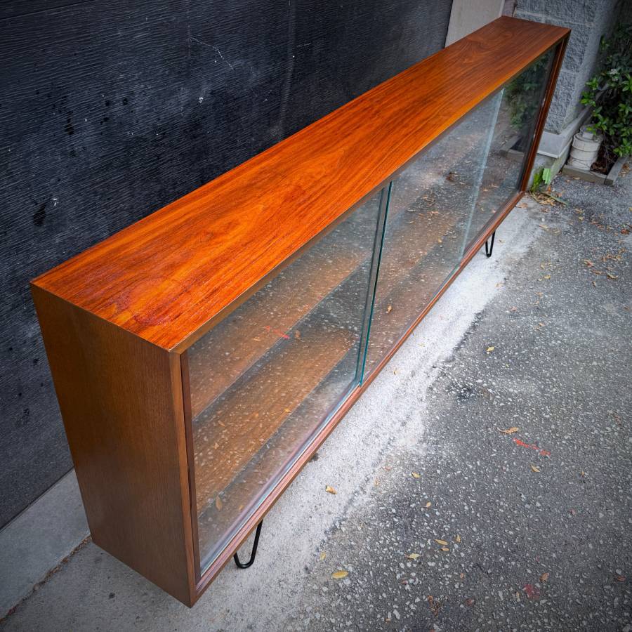 Extra long slim profile walnut and glass credenza shelf — photograph 5 of 8