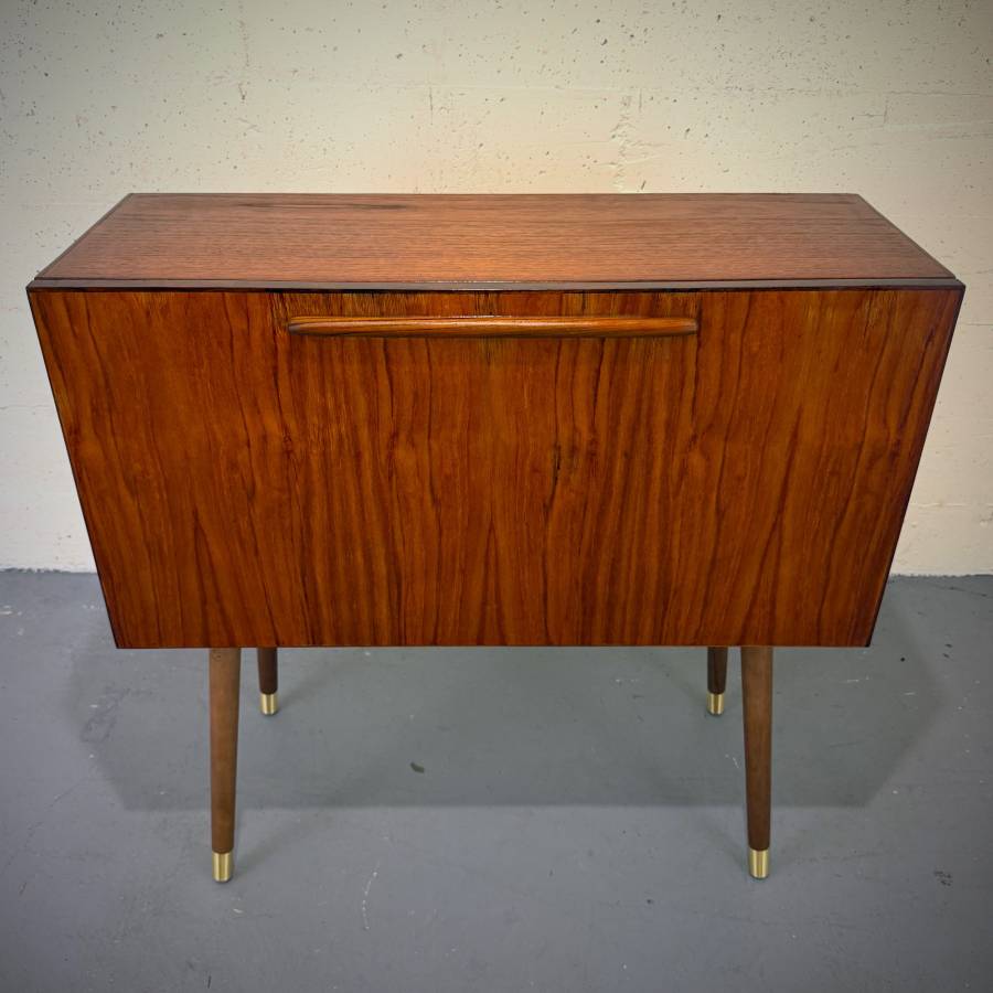 Mid century modern atomic teak drop down bar cabinet — photograph 3 of 6