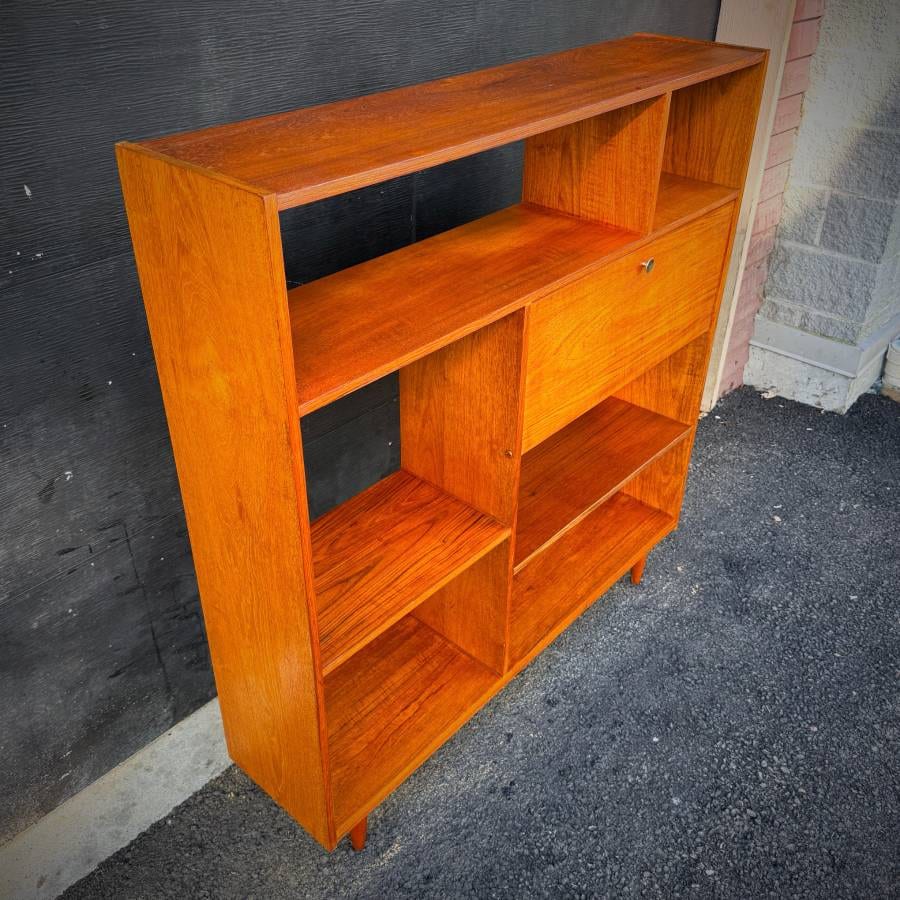 Mid century modern teak open shelving unit with drop down bar — photograph 5 of 6