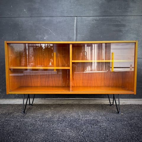 Slim profile danish modern teak and glass atomic credenza