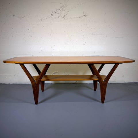 Gorgeous large sized mid century modern teak surfboard coffee table