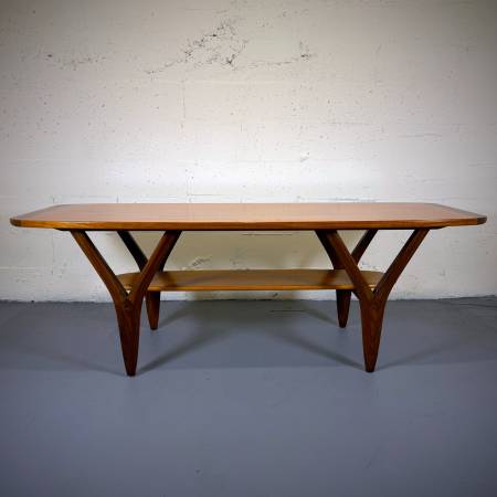 Gorgeous large sized mid century modern teak surfboard coffee table