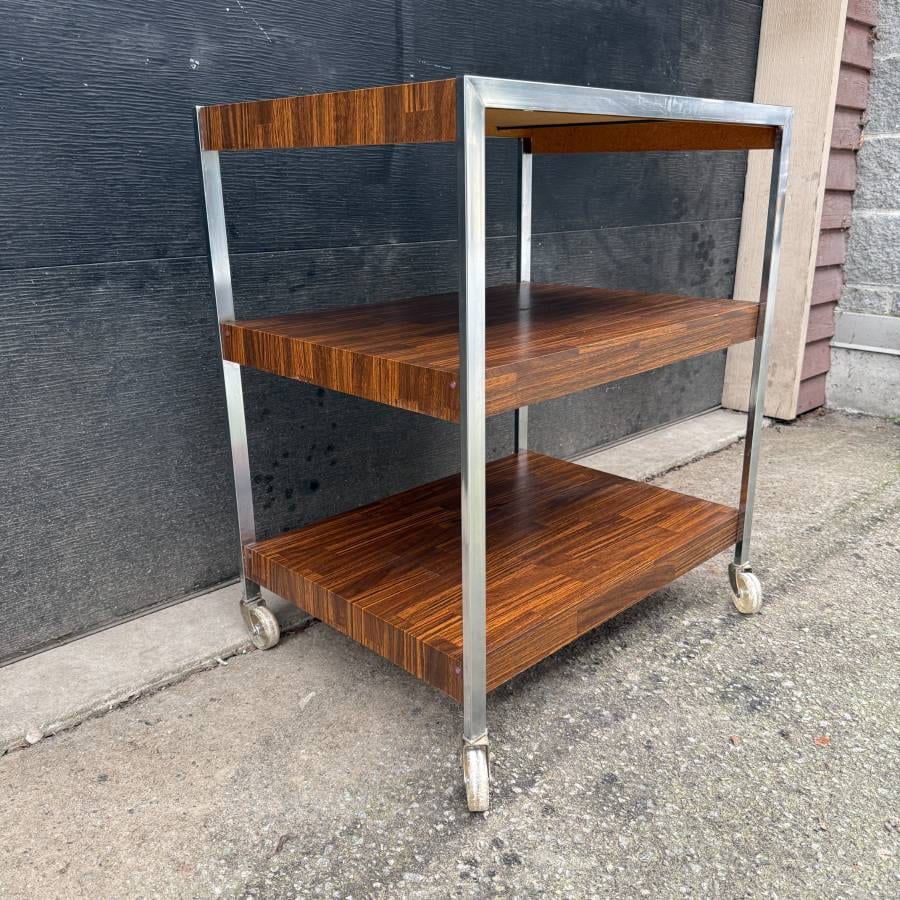Mid century modern chrome and rosewood bar cart — photograph 3 of 5