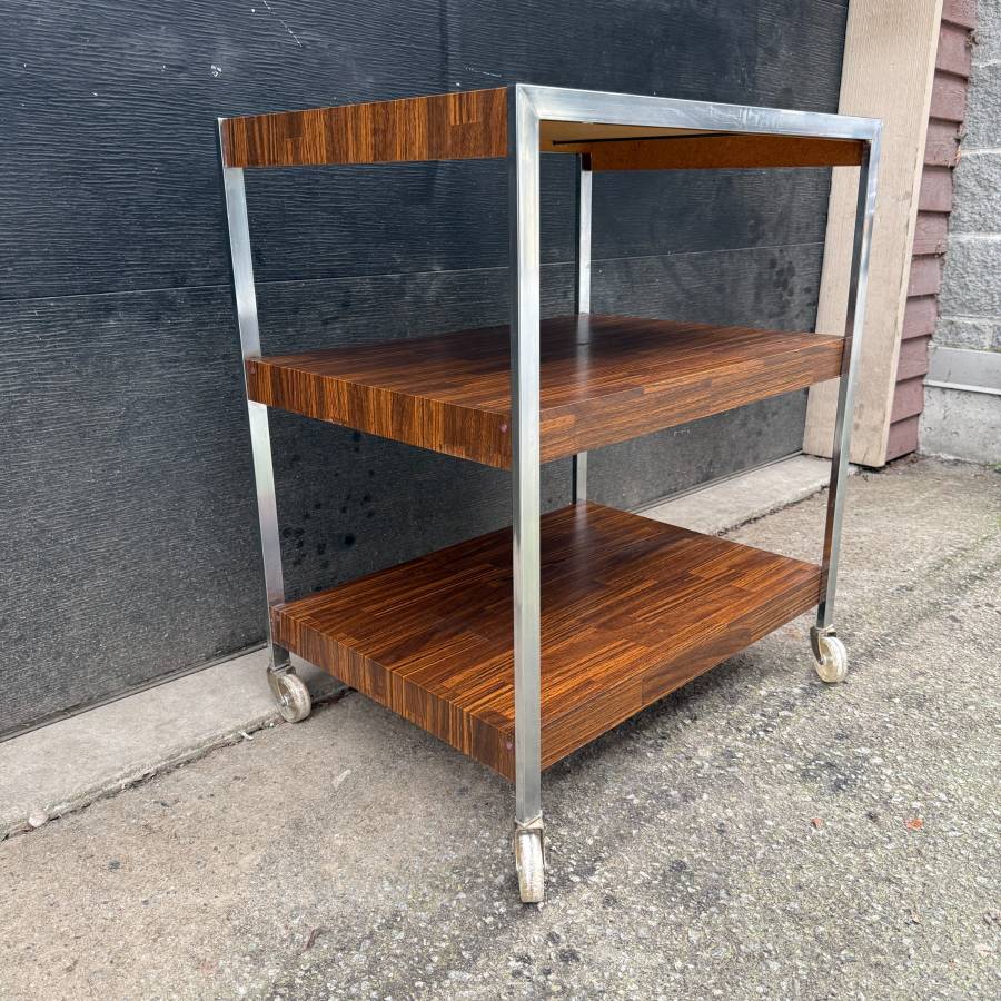 Mid century modern chrome and rosewood bar cart — photograph 3 of 5