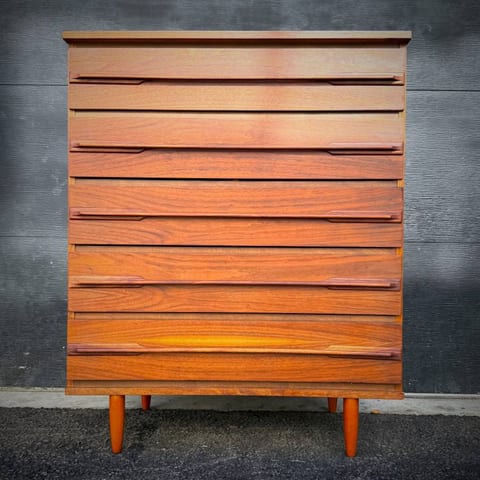 Mid century modern satin walnut tall boy dresser