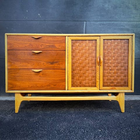 Gorgeous refinished mid century modern walnut and oak credenza by Lane