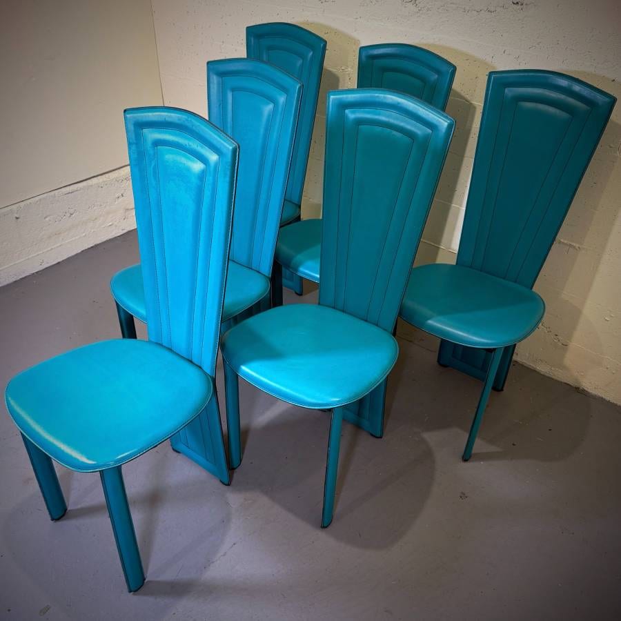 Set of 6 post modern Italian 80s teal dining chairs — photograph 4 of 7