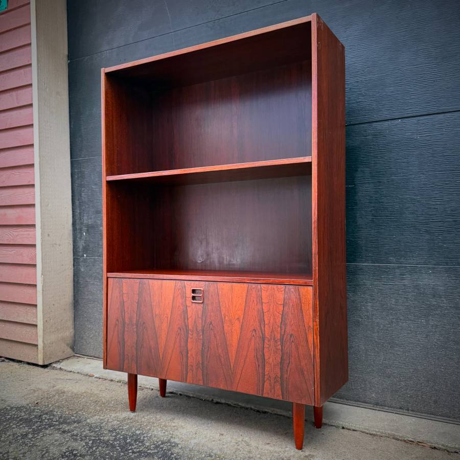 Compact mid century danish rosewood shelving unit with drop down bar — photograph 2 of 6