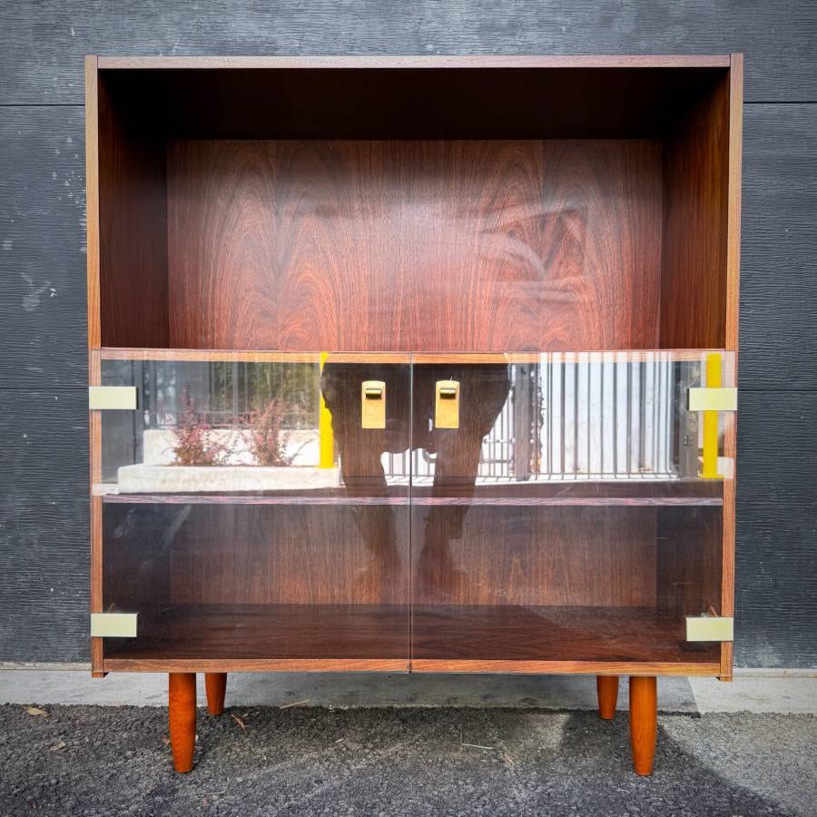 Danish mid century modern rosewood and glass shelving unit — photograph 2 of 6