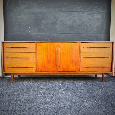 Extra long mid century modern walnut dresser credenza