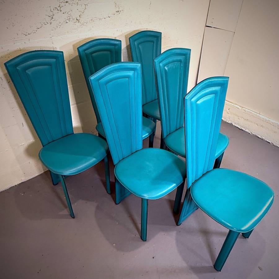 Set of 6 post modern Italian 80s teal dining chairs — photograph 3 of 7