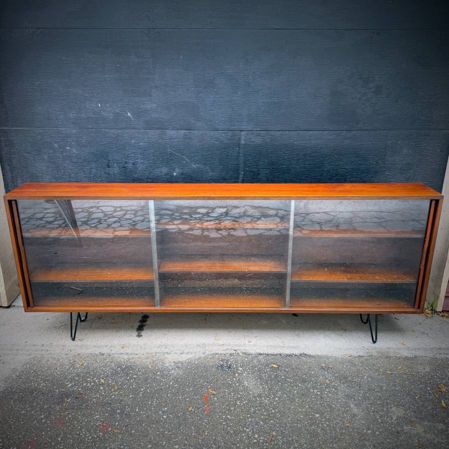 Extra long slim profile walnut and glass credenza shelf — photograph 3 of 8