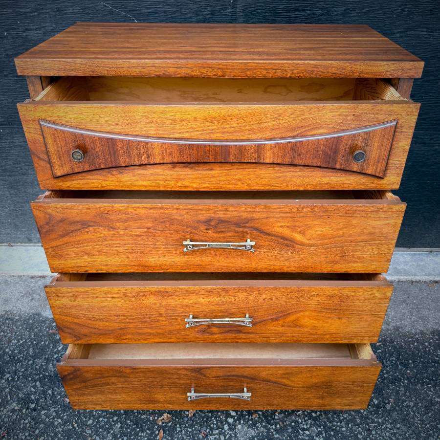 Mid century satin walnut tall boy dresser — photograph 5 of 6