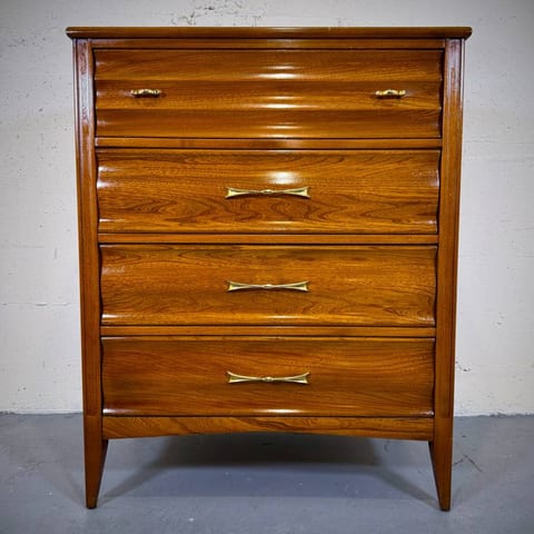 Solid pecan mid century modern tall boy dresser