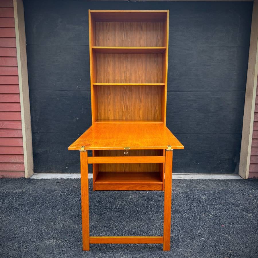 Super rare danish modern teak shelving unit with drop down table — photograph 5 of 8