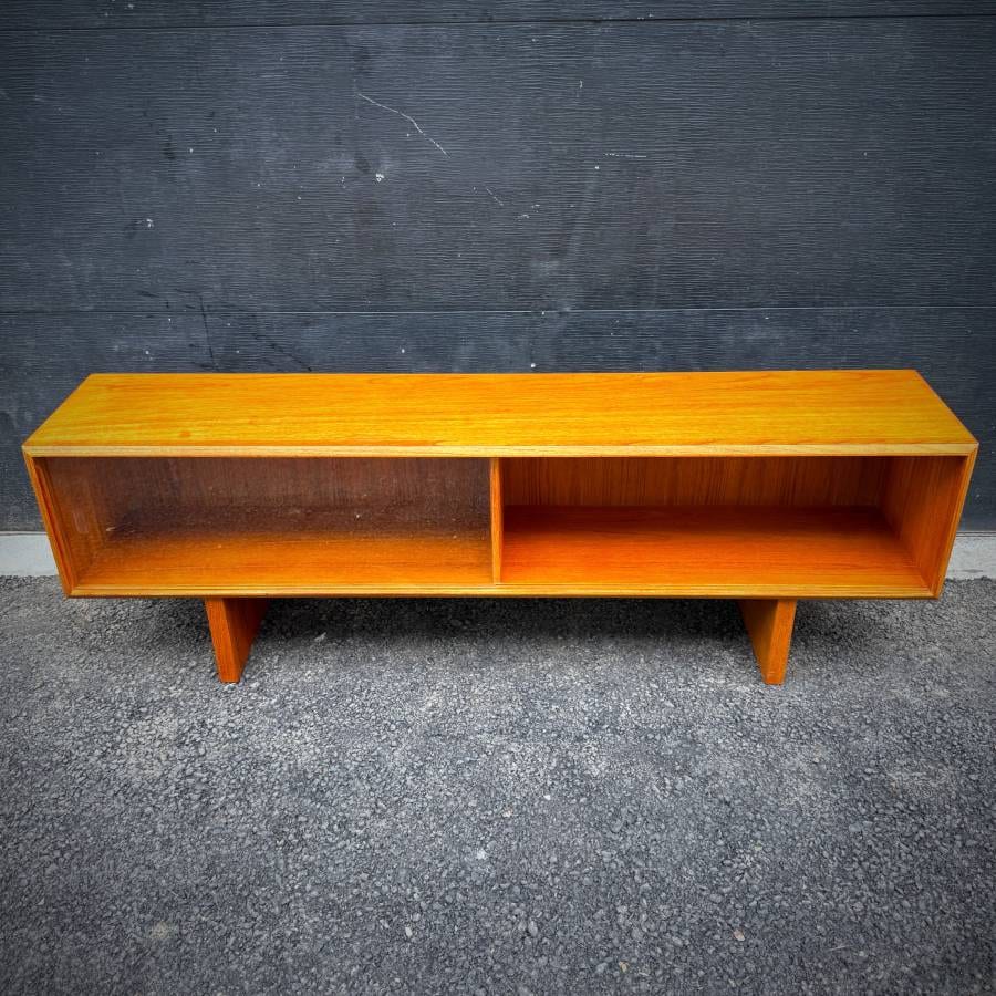 Slim low profile mid century teak and glass credenza media stand — photograph 4 of 5