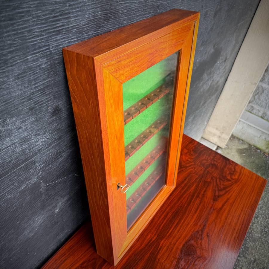 Rare compact teak wall mounted lockable jewelry cabinet — photograph 4 of 6
