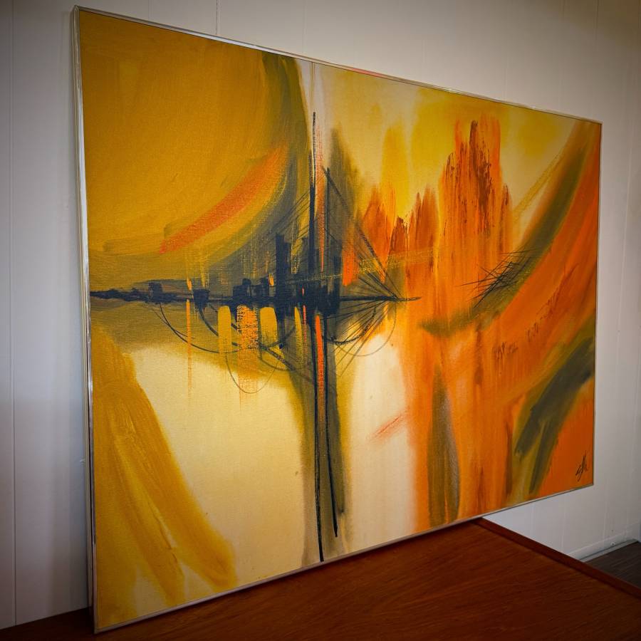 Nice orange toned original mid century abstract painting — photograph 2 of 4