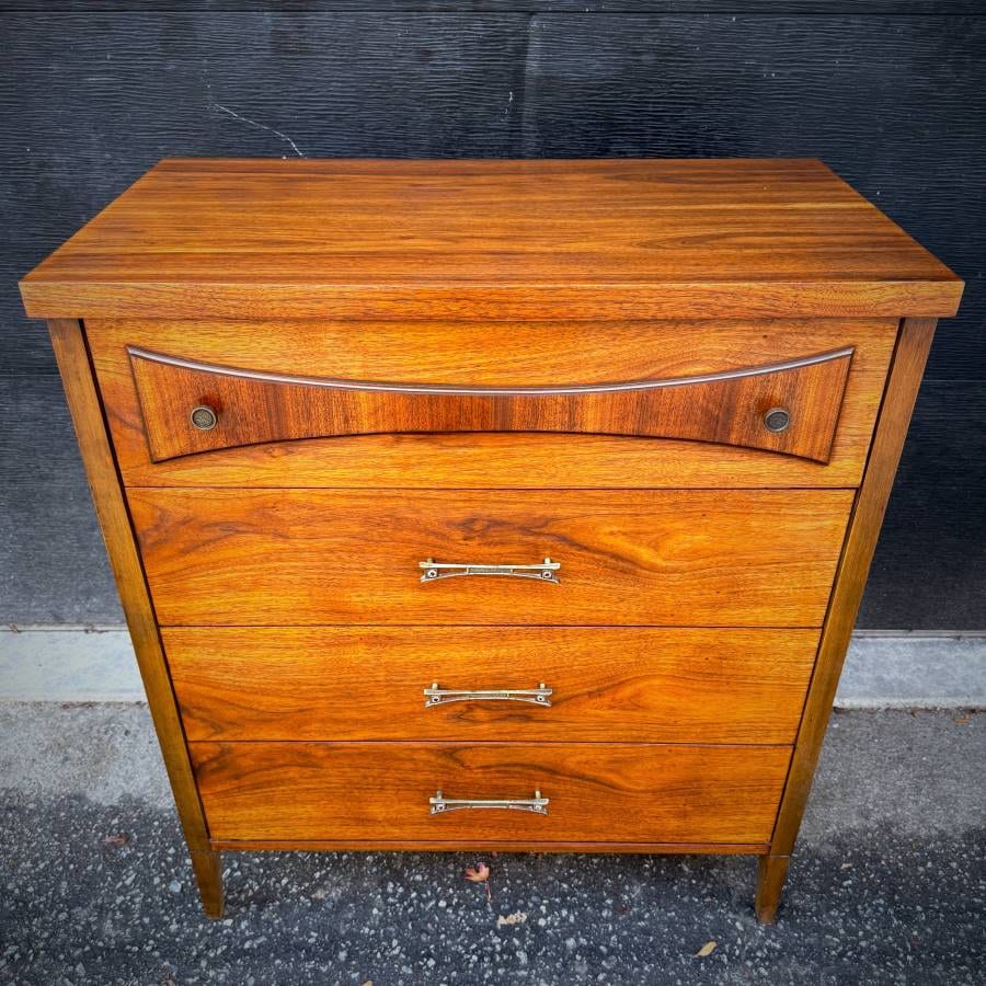 Mid century satin walnut tall boy dresser — photograph 4 of 6