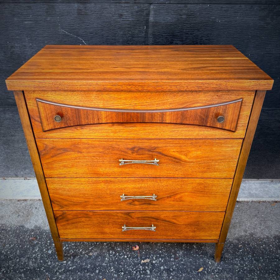 Mid century satin walnut tall boy dresser — photograph 4 of 6
