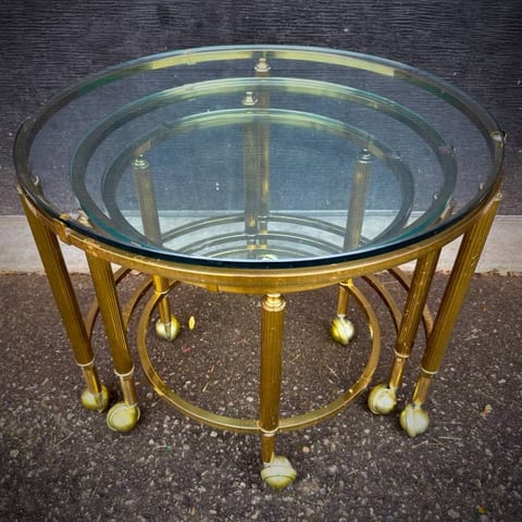 Set of 3 hollywood regency mcm brass and glass nesting tables