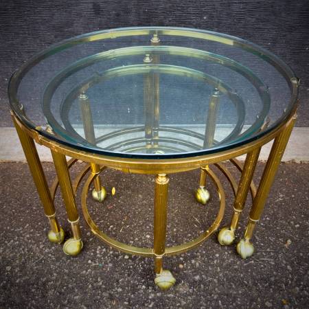 Set of 3 hollywood regency mcm brass and glass nesting tables