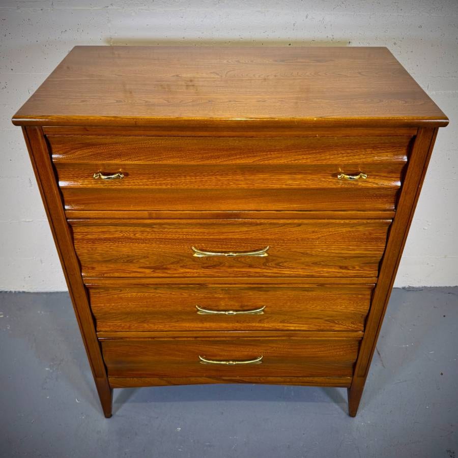 Solid pecan mid century modern tall boy dresser — photograph 4 of 7
