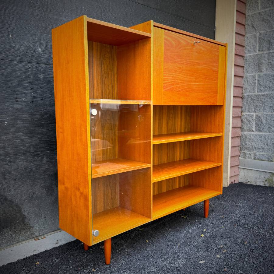 Mid century modern teak and glass shelving unit with drop down bar — photograph 3 of 6