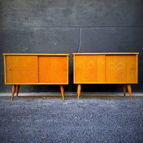 Pair of compact mid century modern teak atomic credenzas