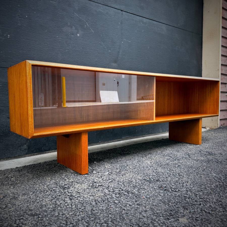 Slim low profile mid century teak and glass credenza media stand — photograph 3 of 5