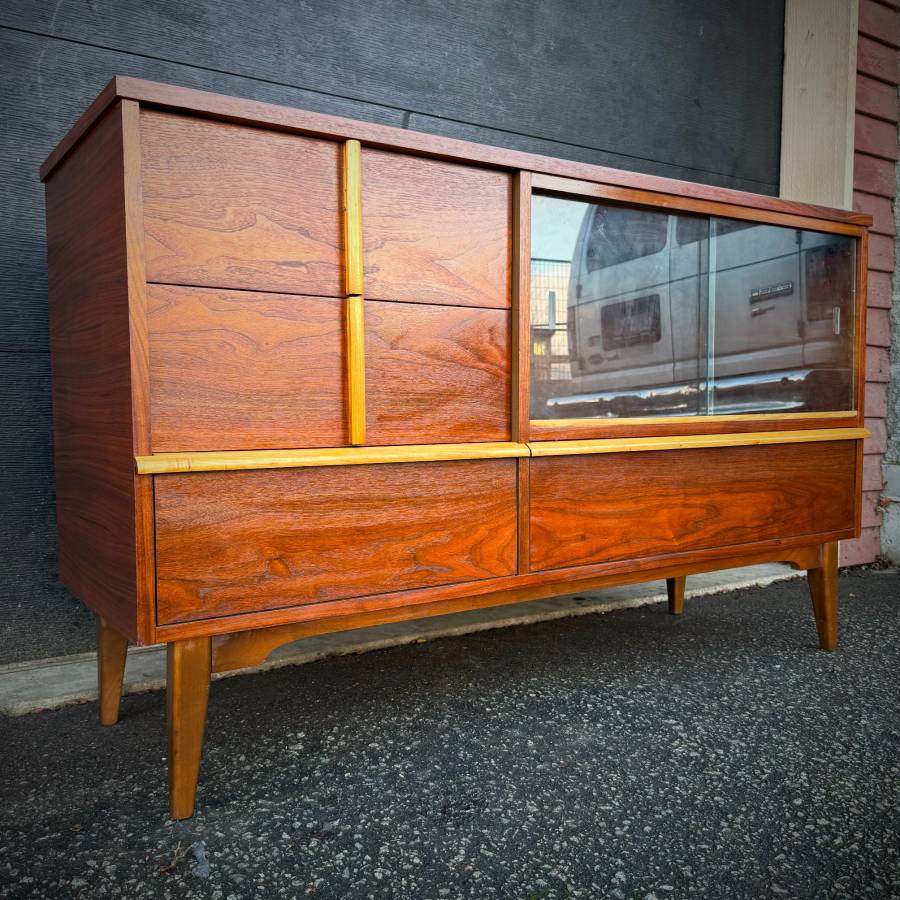 Mid century modern walnut and glass credenza — photograph 3 of 7