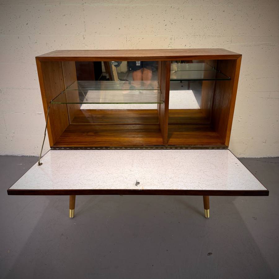 Mid century modern atomic teak drop down bar cabinet — photograph 5 of 6