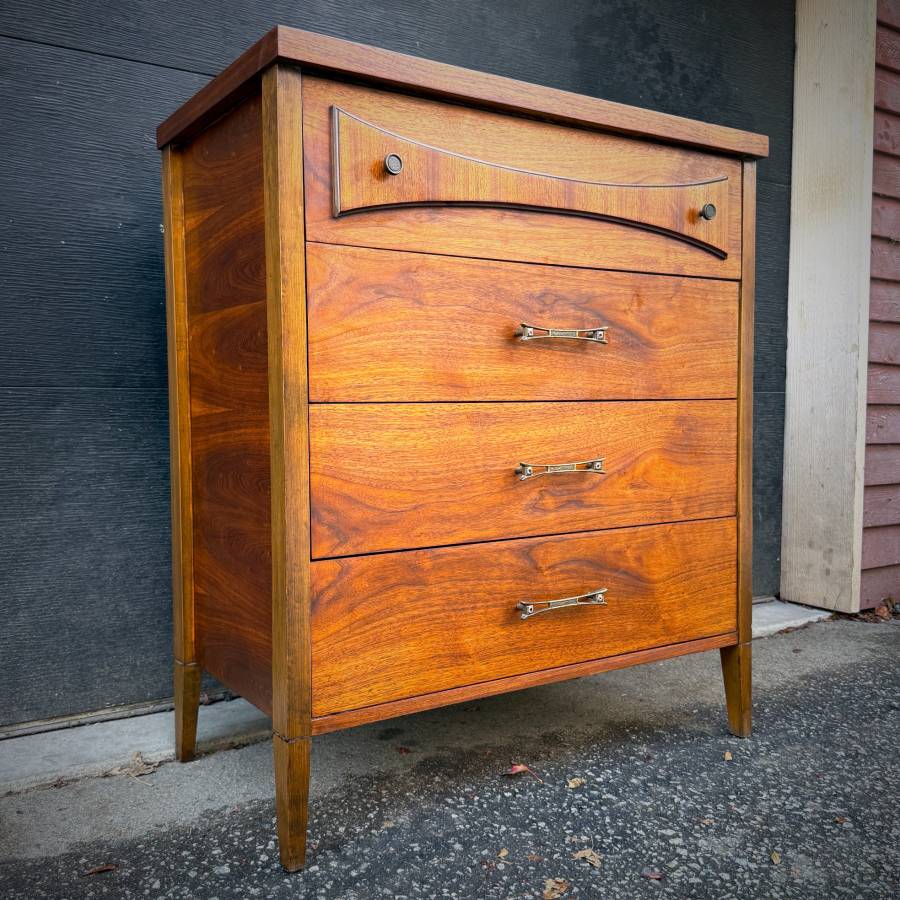 Mid century satin walnut tall boy dresser — photograph 3 of 6