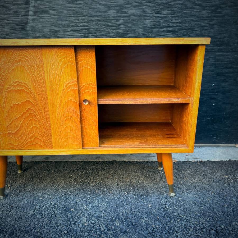 Pair of compact mid century modern teak atomic credenzas — photograph 6 of 7