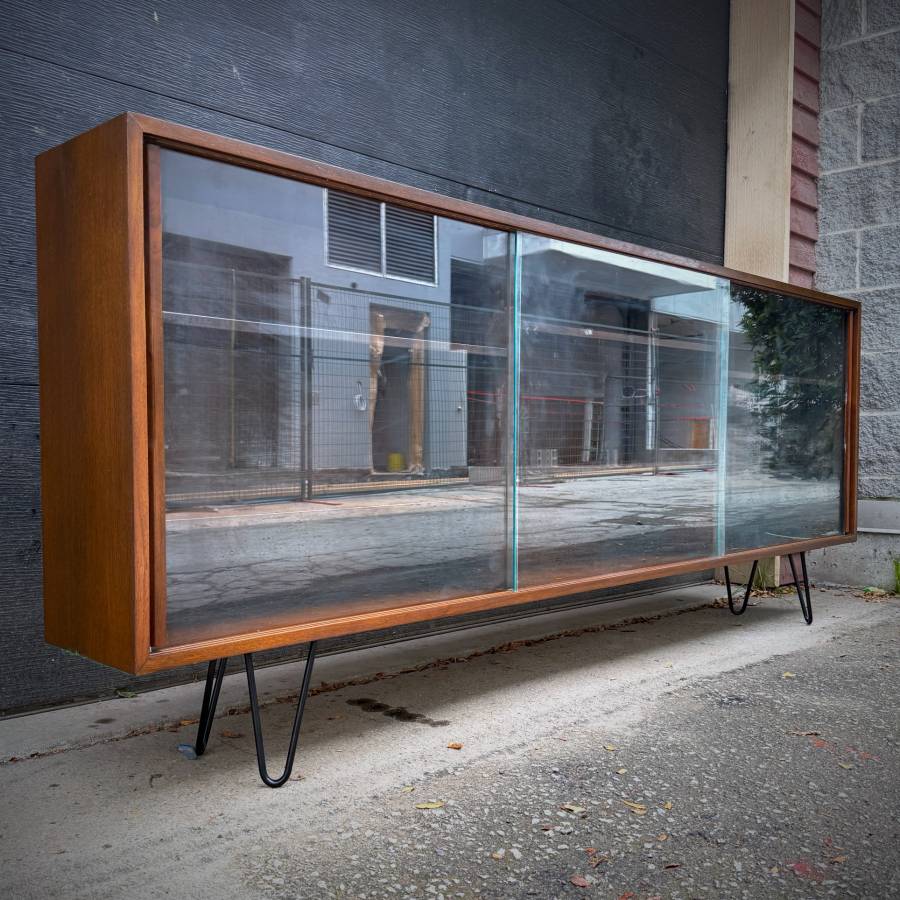 Extra long slim profile walnut and glass credenza shelf — photograph 2 of 8