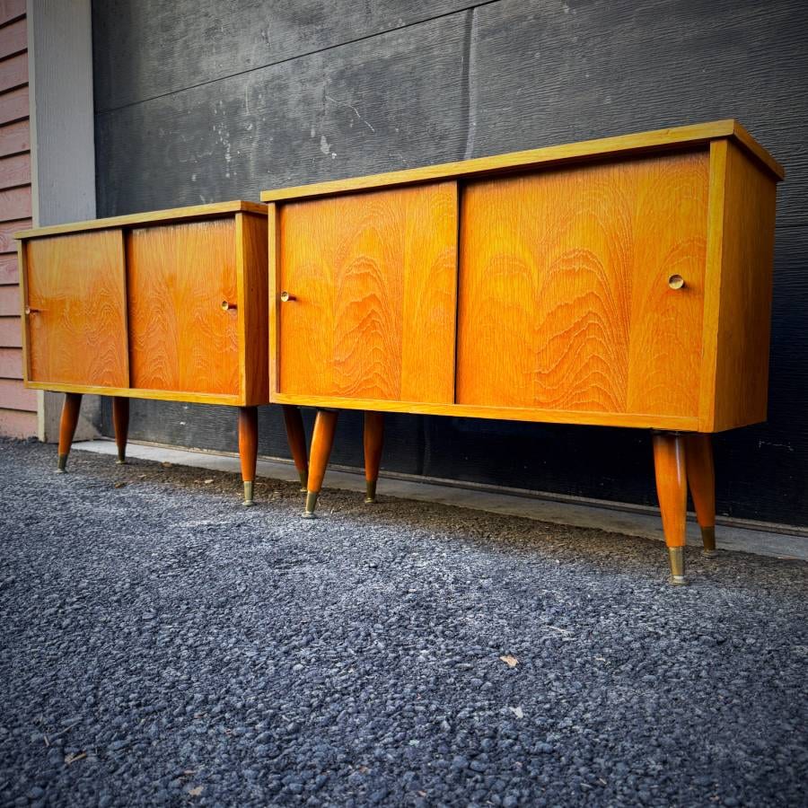 Pair of compact mid century modern teak atomic credenzas — photograph 2 of 7