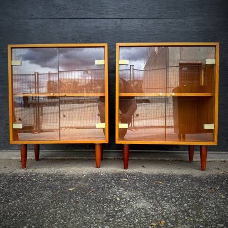 Pair of compact danish modern teak and glass cabinets