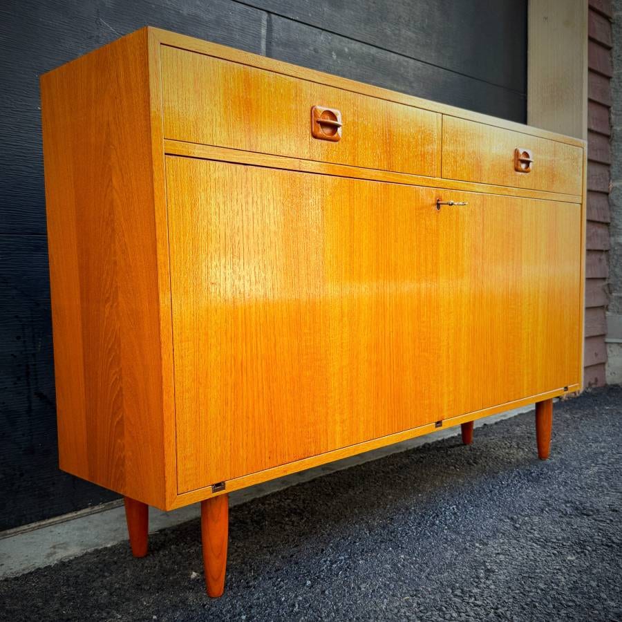 Slim profile danish modern teak drop down bar cabinet — photograph 3 of 7