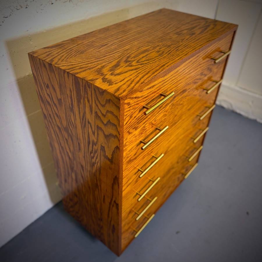 Mid century modern oak tall boy dresser — photograph 6 of 6