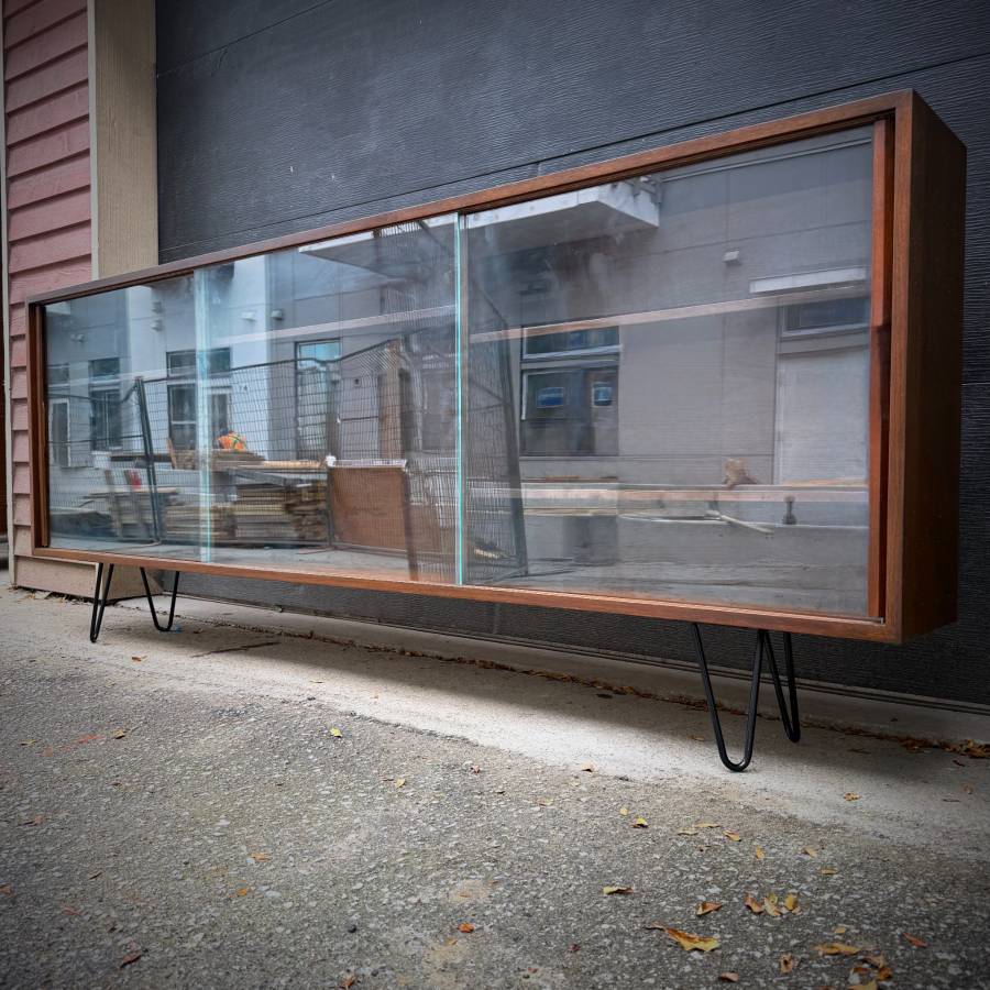 Extra long slim profile walnut and glass credenza shelf — photograph 4 of 8