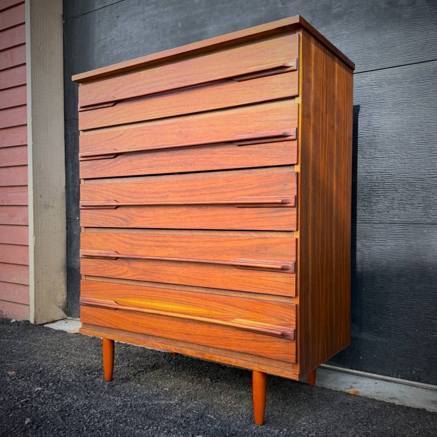 Mid century modern satin walnut tall boy dresser — photograph 3 of 6