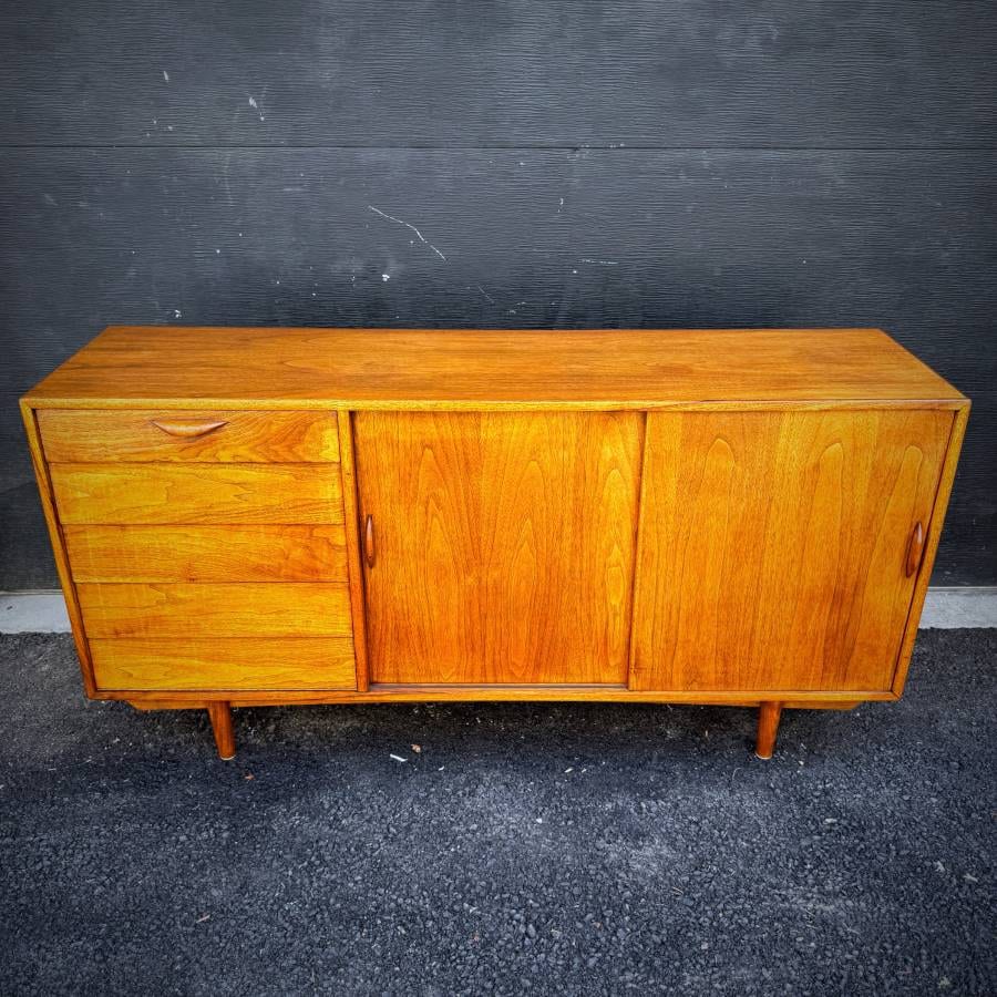 Mid century modern teak LP credenza with drop down bar — photograph 2 of 8
