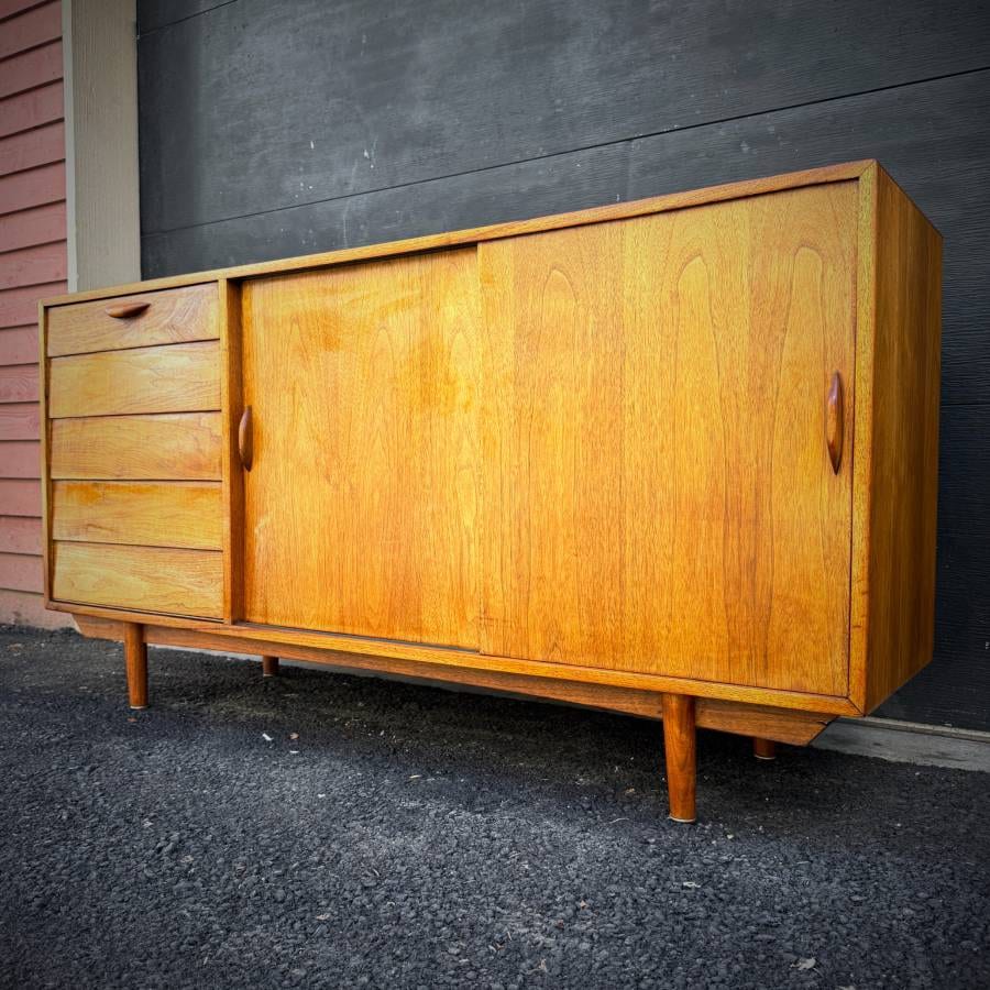 Mid century modern teak LP credenza with drop down bar — photograph 5 of 8