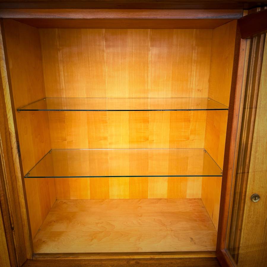 Large mid century modern teak and burled walnut hutch — photograph 7 of 10