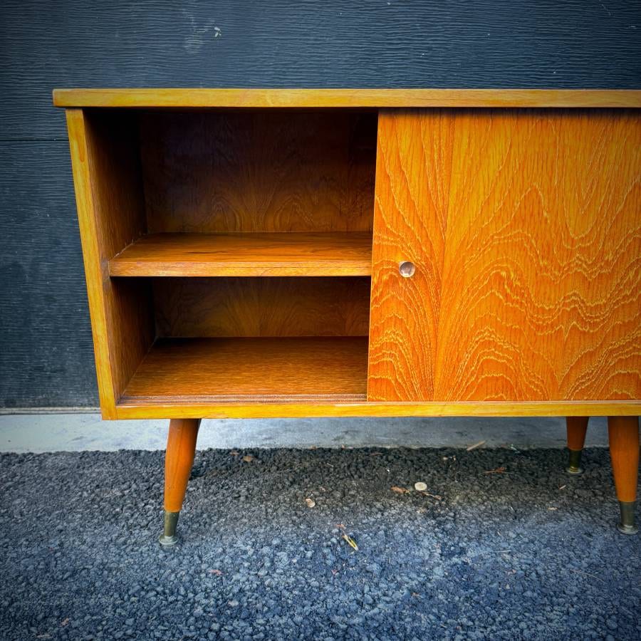 Pair of compact mid century modern teak atomic credenzas — photograph 5 of 7
