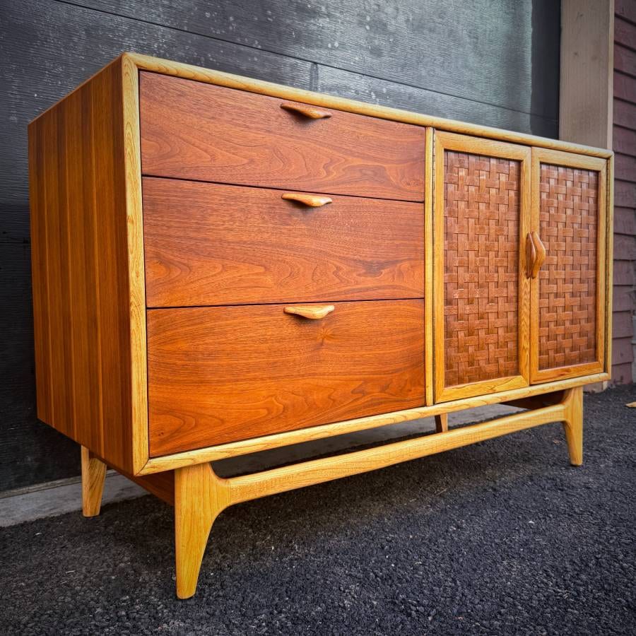 Gorgeous refinished mid century modern walnut and oak credenza by Lane — photograph 2 of 8