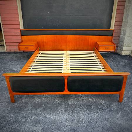 Beautiful danish modern teak and leather queen bed frame