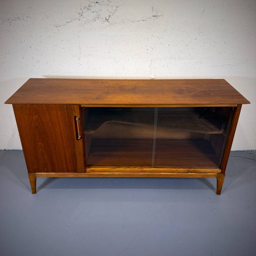 Stunning refinished mid century modern walnut and glass credenza — photograph 4 of 7