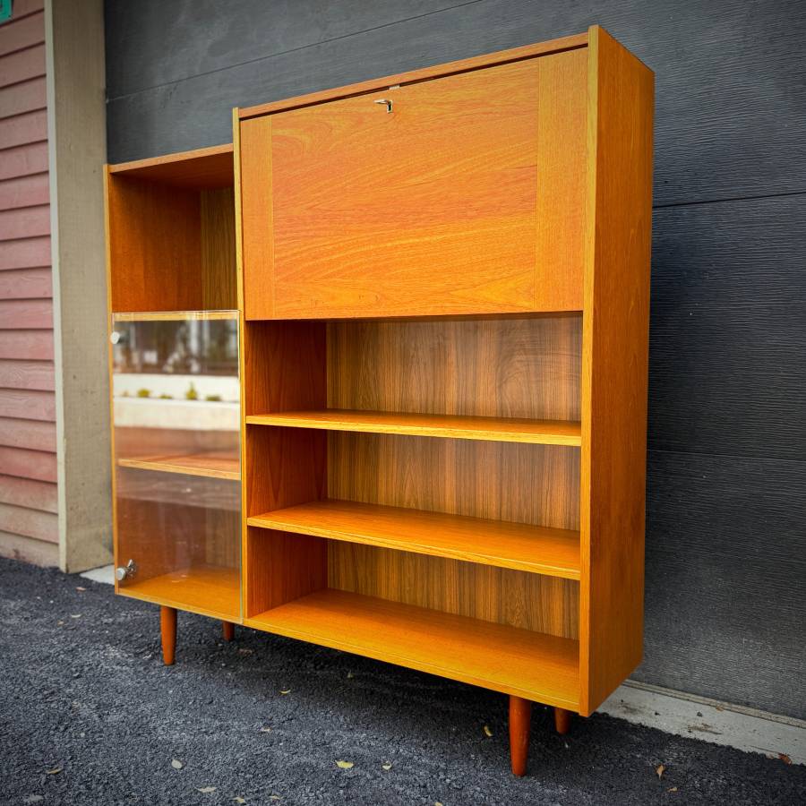 Mid century modern teak and glass shelving unit with drop down bar — photograph 2 of 6