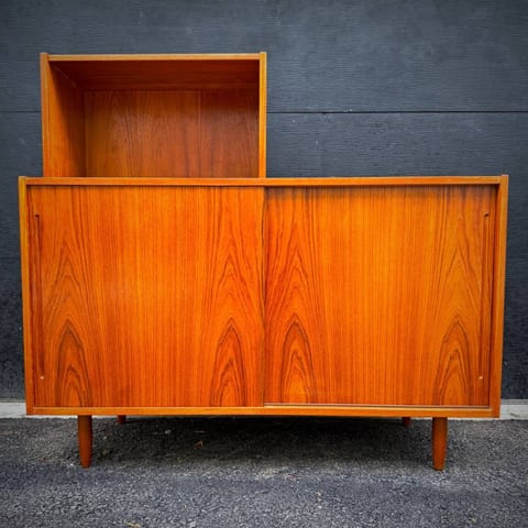 Cool assymetrical mcm teak credenza with upper LP shelf